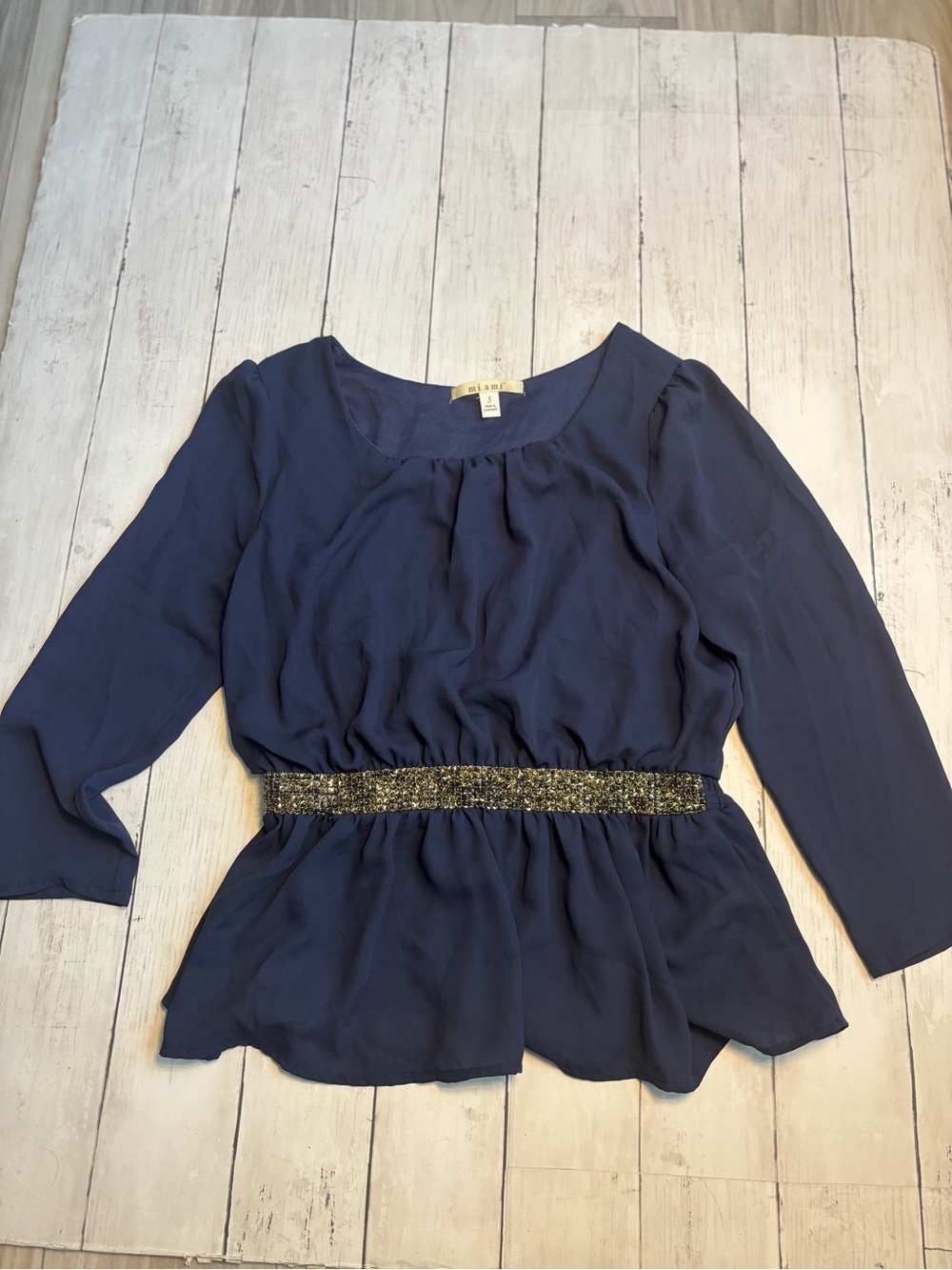 miami Navy Long-Sleeve Peplum Blouse with Metallic Waistband